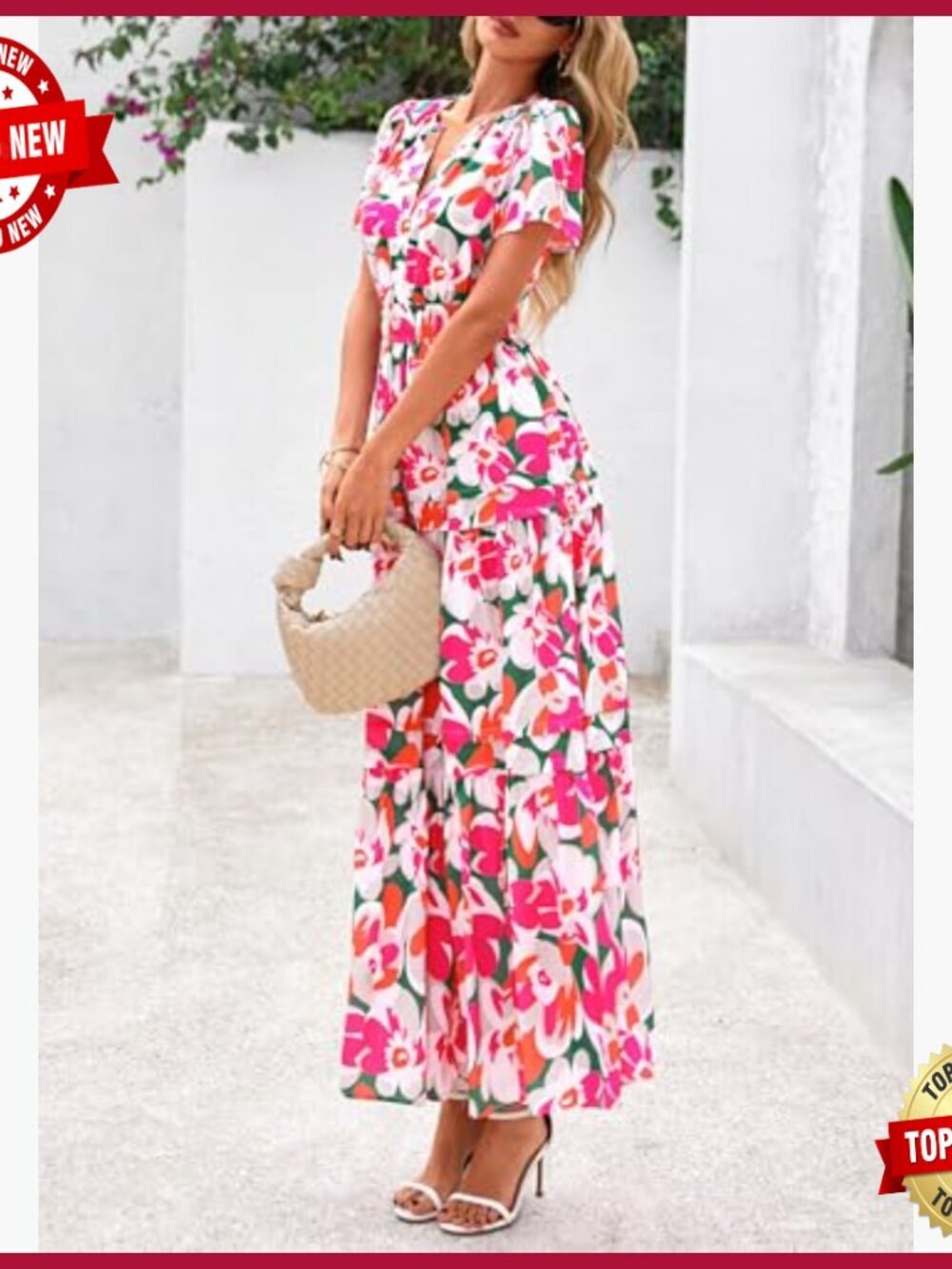 Boho Maxi Dress with Pockets, V-Neck, Tiered Hem, Summer Casual Beach Vacation - Picture 4 of 7